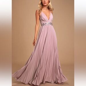 Lulus Women Dusty Lavender Sequin Lace Pleated Maxi Dress HOCO PROM Large Chic